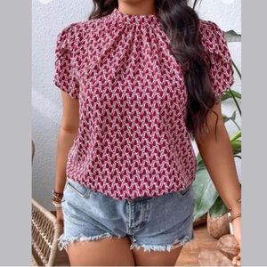 Shein Curve All Over Print 2XL Career Office plus size Top Red White